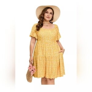 Nwt Kojooin Xlarge Oversized Square Neck Dress Ruffle Sleeve Yellow Floral Dress